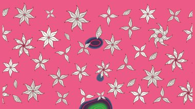 Raster çiçek desenli çiçek deseni, yapraklar, dekoratif elementler, sıçrama, lekeler, el çizimi kontur çizgileri ve Doodle çizim stili, grafik raster çizim çizimi.