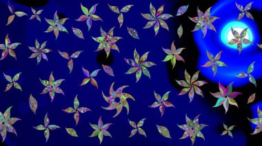 Halk tarzı. Parlak renkli çiçekleri ve mavi yaprakları olan harika bir çiçek deseni. Modern çiçek arkaplanı. Moda baskıları için zarif bir şablon.