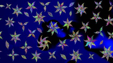 Mavi kıvırcık çiçekler mavi renkte şekillenir. Raster illüstrasyonu. Klasik çiçek tasarım elementleri.