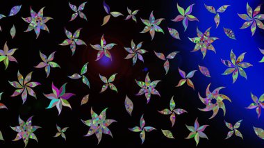 Raster illüstrasyonu. Şirin çiçekli eskiz deseni ve siyah renkli yapraklar, suluboya çiçek deseni, duvar kağıdı, kart veya kumaş için fayanslı.