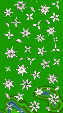 Tekstil, kumaş, ambalaj, hatıra defteri için hoş bir çiçek arkaplanı. Çocuksu tasarım. Yeşil arka planda. Elle çizilmiş karalama çiçekleri ile Raster çizim deseni.