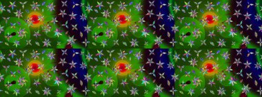 Modern çiçek arkaplanı. Halk tarzı. Parlak renkli çiçekli ve yeşil yapraklı harika bir çiçek deseni. Moda baskıları için zarif bir şablon.