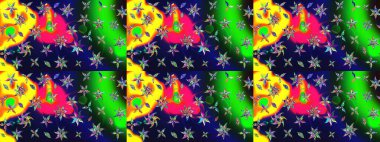 Yeşil renkli bitkilerden oluşan parlak çiçekli çizim deseni.