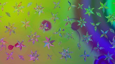 Raster illüstrasyonu. Yumuşak, yeşil renkli bahar çiçekleri. Raster deseni. Patlayan çiçekler soyut yerleştirilmiş.