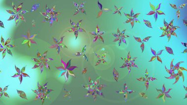 Çok yeşil zarif küçük çiçekler ve yeşil renkli komik böcekler, raster desen, illüstrasyon.