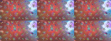 Modern çiçek arkaplanı. Moda baskıları için zarif bir şablon. Parlak renkli çiçekleri ve pembe renkli yaprakları olan harika bir çiçek deseni. Halk stili.