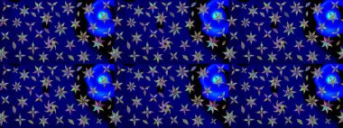 Raster illüstrasyonu. Çiçek ve yapraklı karalama şeklinde Raster çiçek deseni. Yumuşak, bahar çiçekleri mavi renklerde.