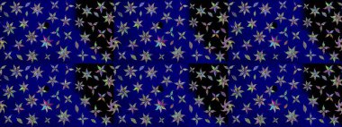 Patlayan çiçekler soyut olarak yerleştirilmiş. Raster illüstrasyonu. Yumuşak, mavi renkte bahar çiçekleri. Raster deseni.