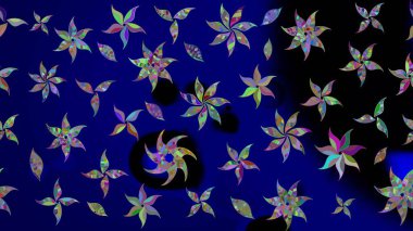 Raster Floral Illustration, Asyalı tekstil. Mavi renkli etnik çiçeklerle zarif eskiz deseni.