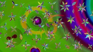 Çiçek desenli çizim. Raster illüstrasyonu. Asya tekstil tarzında. Yeşil renkli çiçekler. Raster illüstrasyonu.