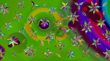 Şirin çiçekli eskiz deseni ve yeşil renkli yapraklar, suluboya çiçek deseni, duvar kağıdı, kart veya kumaş için fayanslı. Raster illüstrasyonu.