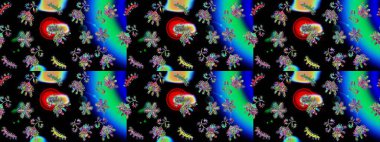 Kar tanelerinin soyut arkaplanlı Noel şablonu. Siyah, mavi ve yeşil kar taneleri. Raster illüstrasyonu. Noel ve Yeni Yıl moda baskıları için tatil tasarımı.