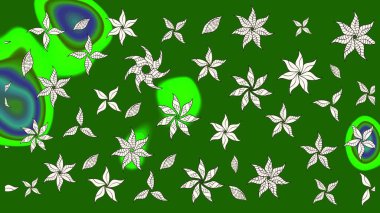 Patlayan çiçekler soyut olarak yerleştirilmiş. Yumuşak, yeşil renkli bahar çiçekleri. Raster deseni. Raster illüstrasyonu.