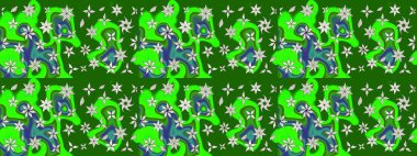 Raster düz çiçek çizim deseni. Hediye ambalaj kağıdı, tebrik kartları, posterler ve pankart tasarımı. Yeşil renkte çiçekler.