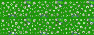 Bir sürü yeşil ve soyut çiçekli tropik eskiz deseni. Küçük çiçekteki sevimli çiçek deseni. Varicologreen Raster çizimi.