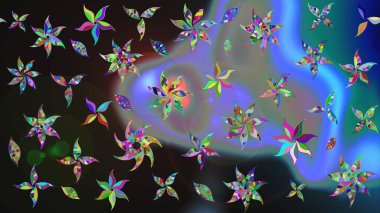 Eski usul. Kumaş, tekstil, duvar kağıdı baskısı için. Raster illüstrasyonu. Eskiz geçmişi. Renkli desenli eskiz deseni, gri çiçekler ve dekoratif elementlerle.