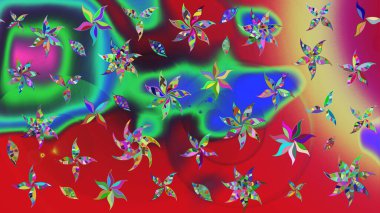 Parlak renkli fantezi çiçekleri, yapraklar, kırmızı renkli tomurcuklar. Suluboya el çizimi elementli çiçek çizimi deseni.