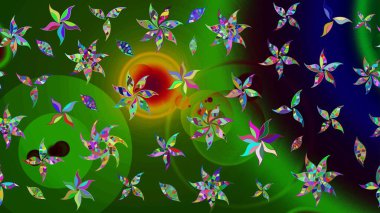 Sevimli çiçek raster deseni. Renkli Bahar Teması eskiz kalıbı. Düz Çiçek Elementleri Tasarımı. Yeşil renkte çiçekler.