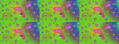 Raster düz çiçek çizim deseni. Hediye ambalaj kağıdı, tebrik kartları, posterler ve pankart tasarımı. Yeşil renkte çiçekler.