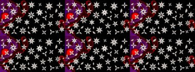 Raster illüstrasyonu. Eski usul. Eskiz geçmişi. Kumaş, tekstil, duvar kağıdı baskısı için. Renkli desenli eskiz deseni, siyah çiçekler ve dekoratif elementlerle.