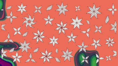 Renkli Yaz Temalı eskiz kalıbı. Düz Çiçek Elementleri Tasarımı. Turuncu renkli çiçekler. Çiçekli retro deseni çiz.