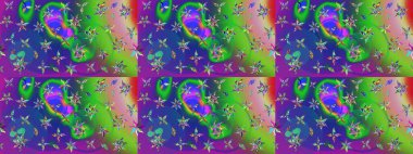 Raster Floral Illustration, Asyalı tekstil. Yeşil renkli etnik çiçeklerle zarif eskiz deseni.