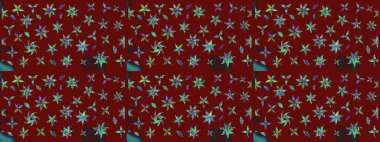 Raster illüstrasyonu. Şirin çiçekli eskiz deseni ve kırmızı renklerde yapraklar, suluboya çiçek deseni, duvar kağıdı, kart veya kumaş için fayanslı.