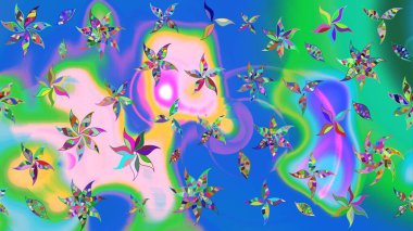 Çok mavi, zarif küçük çiçekler ve mavi renkli komik böcekler, raster desen, illüstrasyon.