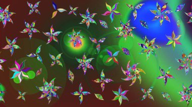 Düz Çiçek Elementleri Tasarımı. Raster illüstrasyonu. Çiçek desenli çizim. Asya tekstil tarzında. Renkli Bahar Teması eskiz kalıbı. Yeşil renkte çiçekler.