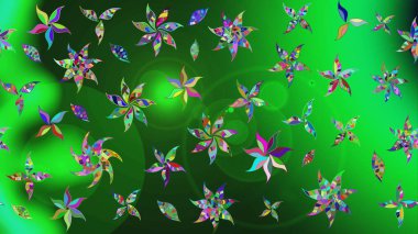 Düz Çiçek Elementleri Tasarımı. Renkli Bahar Teması eskiz kalıbı. Çiçek desenli çizim. Raster illüstrasyonu. Asya tekstil tarzında. Yeşil renkte çiçekler.