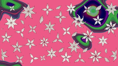 Halk tarzı. Modern çiçek arkaplanı. Parlak renkli çiçekleri ve pembe renkli yaprakları olan harika bir çiçek deseni. Moda baskıları için zarif bir şablon.