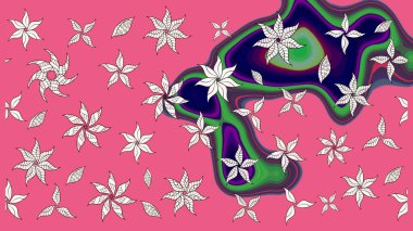 Çok renkli zarif küçük çiçekler ve pembe renkli komik böcekler, raster desen, illüstrasyon.