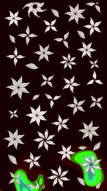 Renkli desenli eskiz deseni, siyah çiçekler ve dekoratif elementlerle. Raster illüstrasyonu. Kumaş, tekstil, duvar kağıdı baskısı için. Eskiz geçmişi. Antika retro tarzı.