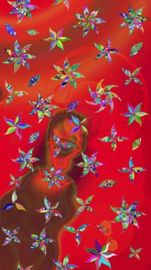 Parlak renkli çiçekli ve kırmızı yapraklı harika bir çiçek deseni. Modern çiçek arkaplanı. Halk tarzı. Moda baskıları için zarif bir şablon.