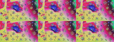 Suluboya elle çizilmiş çiçek desenli eskiz deseni. Parlak renkli fantezi çiçekleri, yapraklar, tarafsız renklerde tomurcuklar.