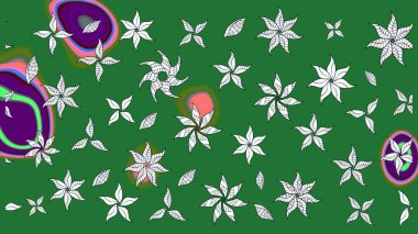 Yeşil renkli bitkilerden oluşan parlak çiçekli çizim deseni.