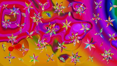 Raster çiçek desenli çiçek deseni, yapraklar, dekoratif elementler, sıçrama, lekeler, el çizimi kontur çizgileri ve Doodle çizim stili, grafik raster çizim çizimi.