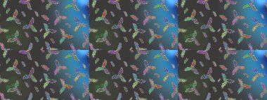 Kar tanelerinin soyut arkaplanlı Noel şablonu. Raster illüstrasyonu. Gri, mavi ve yeşil renkler. Noel ve Yeni Yıl moda baskıları için tatil tasarımı.