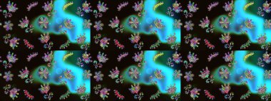 Çizim kalıbı. Raster illüstrasyonu. Siyah, mavi ve yeşil renklerde. Hint süsü. Çiçek duvar kağıdı. Renkli süs kenarı.