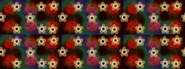 Raster illüstrasyonu. Yuvarlak raster kar tanesi. Güzel kar tanesi. Renkli arka planda izole tatlı kar taneleri. Soyut kış kahverengi, kırmızı ve yeşil süs.