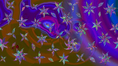 El çizimi çiçek unsurları olan soyut çizim raster deseni. Violet menekşe üzerinde. 1950-1960 motifleri. Retro tekstil tasarım koleksiyonu. Çiçekli ipek eşarp..