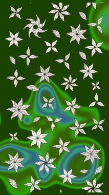 Suluboya çiçekli çiçek deseni. Yeşil renkli Asya tekstili. Raster illüstrasyonu.