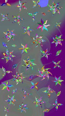 Raster - stok. Yapraklı çiçekler ve kır renkli papatya çiçekleri. Taslak arkaplan deseni.