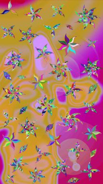 Suluboya elle çizilmiş çiçek desenli eskiz deseni. Parlak renkli fantezi çiçekleri, yapraklar, sarı renkli tomurcuklar.