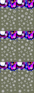 Yeşil renkli bitkilerden oluşan parlak çiçekli çizim deseni.