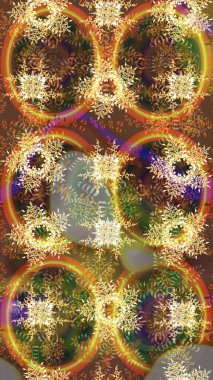 Kar tanelerinin soyut arkaplanlı Noel şablonu. Kahverengi, sarı ve bej kar taneleri. Noel ve yeni yıl moda baskıları için tatil tasarımı. Raster illüstrasyonu.