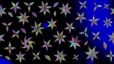 Moda baskıları için zarif bir şablon. Modern çiçek arkaplanı. Parlak renkli çiçekli ve siyah yapraklı harika bir çiçek deseni. Halk stili.
