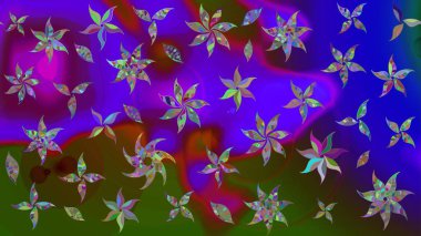 Birçok menekşe ve soyut çiçekli tropik çizim deseni. Küçük çiçekteki sevimli çiçek deseni. Varisolyot raster çizimi.