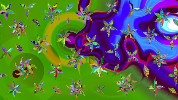 El çizimi. Raster illüstrasyonu. Çiçekli, yapraklı, çiçek desenli çizim..