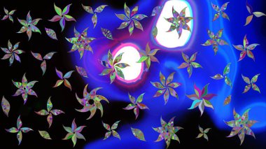 Parlak renkli fantezi çiçekleri, yapraklar, mavi renkli tomurcuklar. Suluboya el çizimi elementli çiçek çizimi deseni.